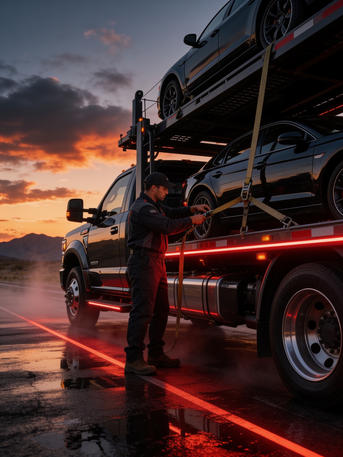 A Sanjack Carriers driver securing vehicles on the hauler at dusk